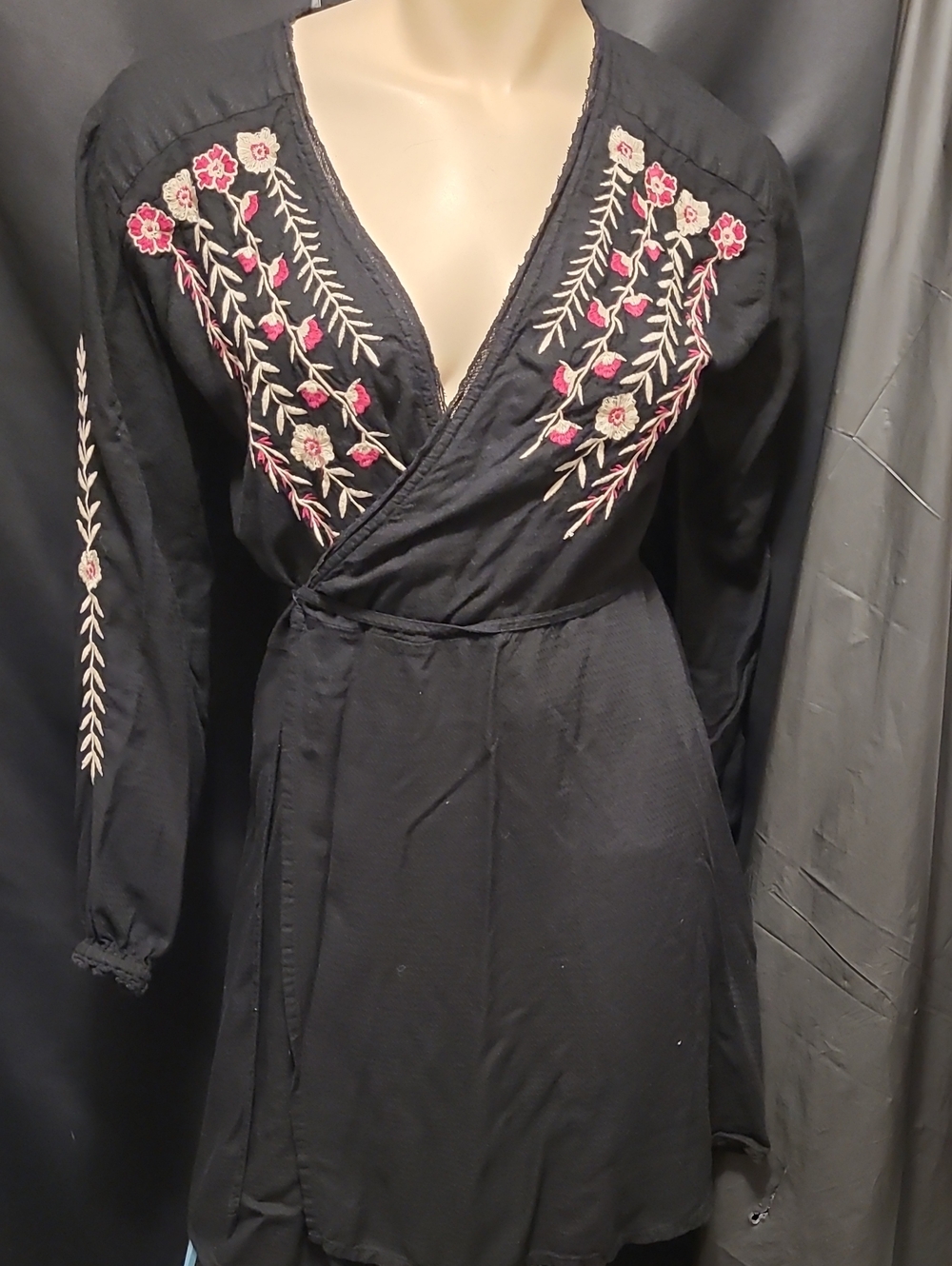 Lovestitch Black Embroidered Floral Lyric Boho Mini Wrap Dress